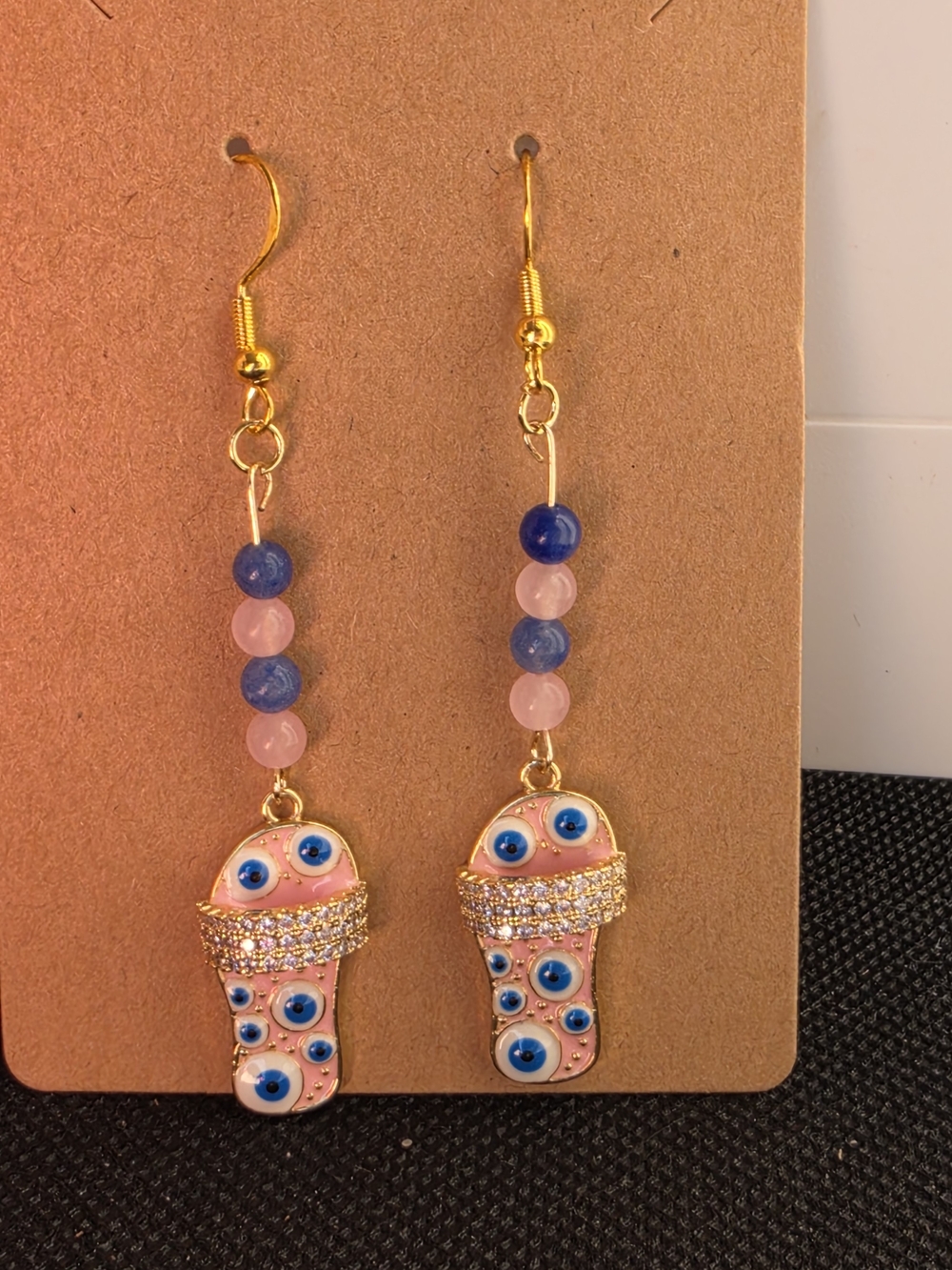 Pink Evil Eye Sandals Dangle Earrings with Blue Beads